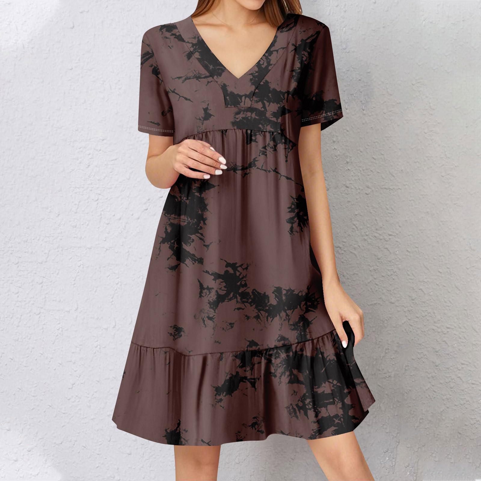 

Женское летнее платье с коротким рукавом и V-образным вырезом, короткие платья, модное повседневное струящееся бохо-платье с оборками, А-силуэт, свободное платье-халат XXL кофейный