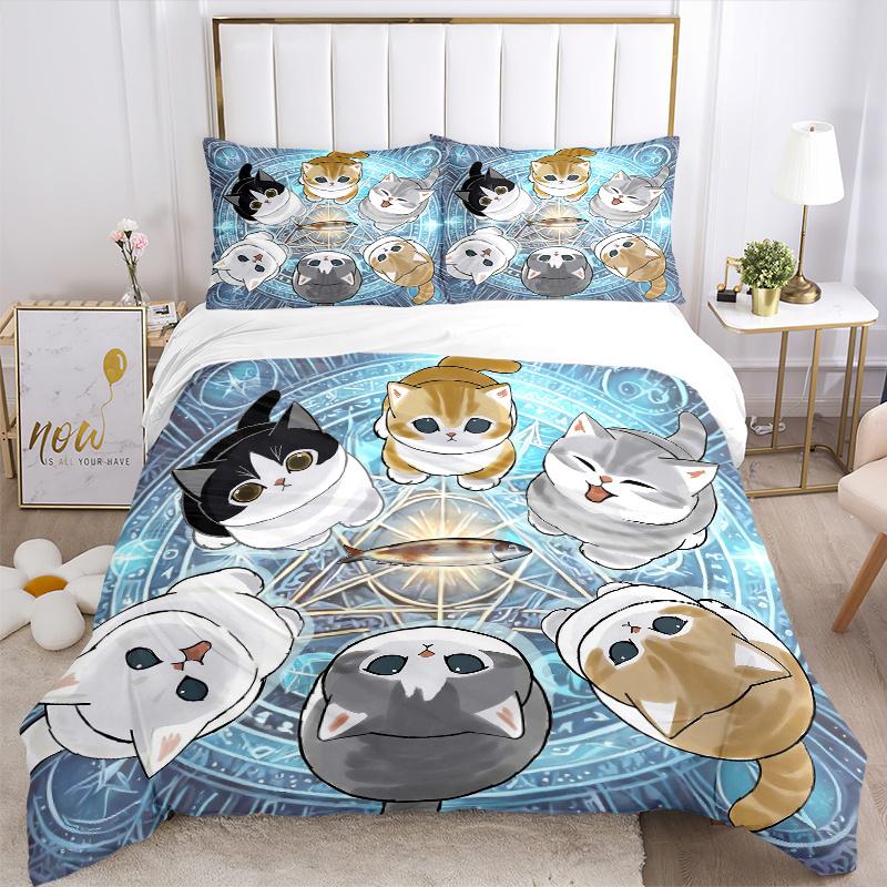 3pcs Six Cute Kittens Quilt Set - Soft and Comfortable Bedroom, Guest Room and Dorm Decor Bedding Set 1 Quilt Cover + 2 Pillowcases.L096