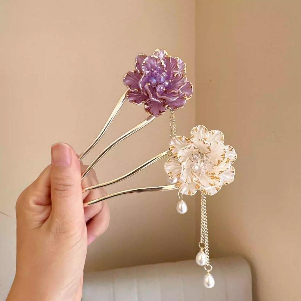 1pc Retro Chinese Style U Shaped Hair Sticks Forks Purple White Flower Designs Pearls Pendant Decor Women Hair Bun Maker Jewelry
