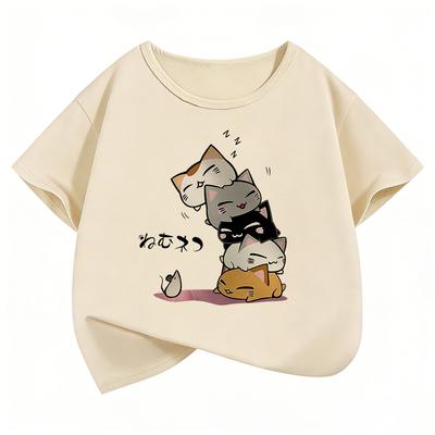 Camiseta Infantil Divertida con Estampado de Gato Verano Manga Corta Ropa de Dibujos Animados Bonito Top para Niños