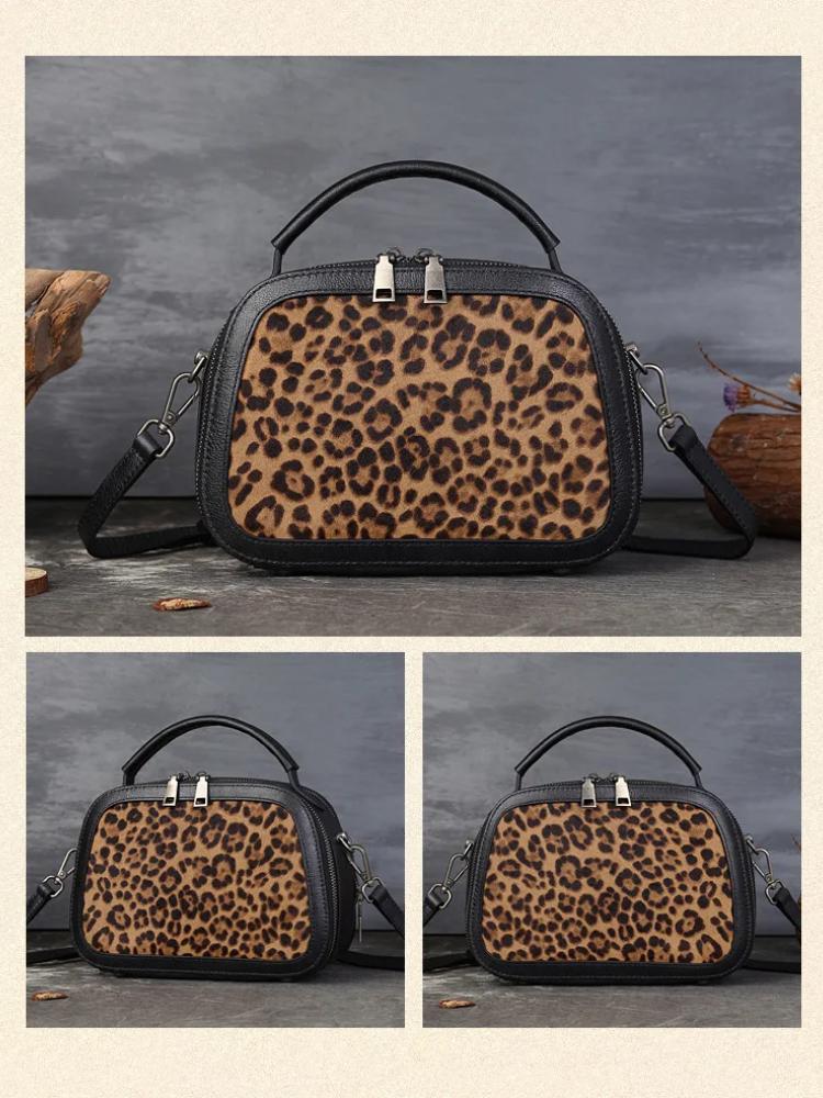 Johnature Fashion Leopard Pattern Women's Bag Genuine Leather Splice Horse Hair Handbag Versatile Shoulder Bags