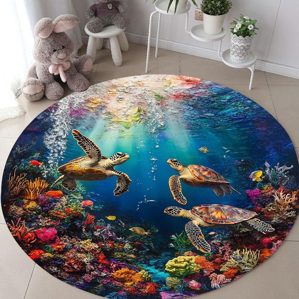 Unterwasserwelt Runder Teppich Meeresschildkröten Korallen Fischdruck Fußmatte Rutschfest Saugfähig Heimdekor Teppich für Kinderzimmer Wohnzimmer