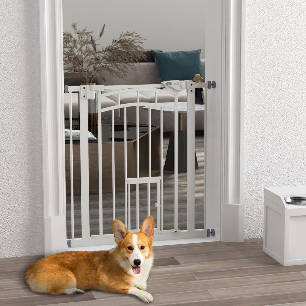 Pressure Fit Stair Gate, Dog Gate W/ Small Cat Door, Auto Closing System, Double Locking Openings, 74-80cm - White