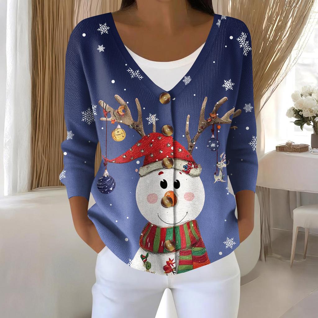 Women's Fashion Long Sleeve Christmas Snowman Snowflake Print Jacket Cardigan