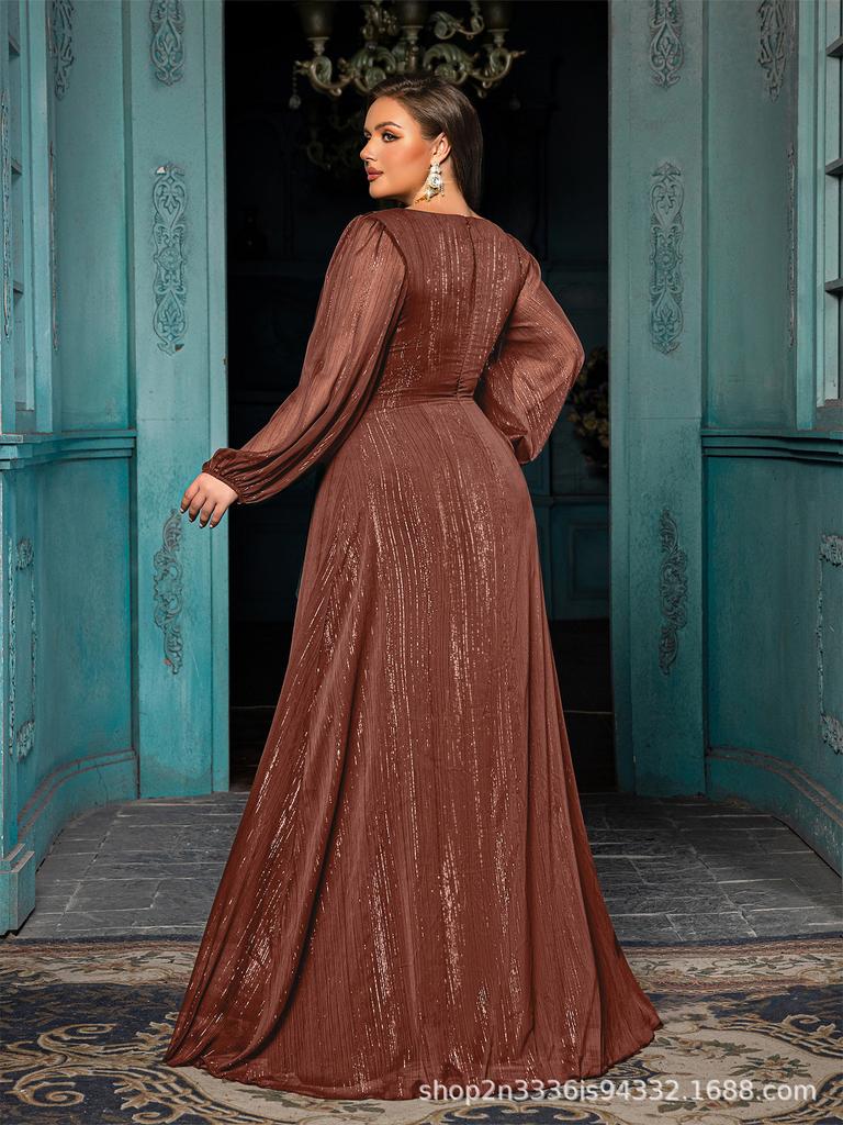 European Plus Size V-Neck Ruffle Lantern Sleeve Formal Dress