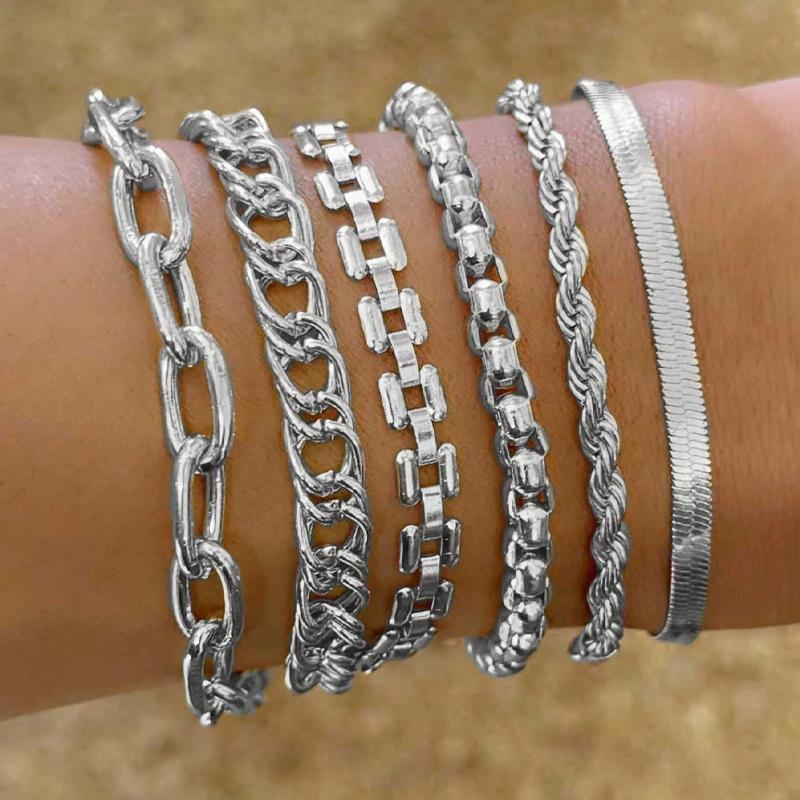 

6pcs Simple Punk Chunky Chain Bracelet Set for Women Retro Metal Twisted Designs Multi Layered Bracelets Daily Wear Jewelry Gift