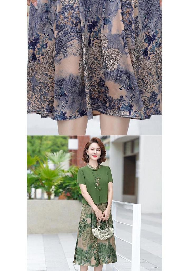 Robe élégante à manches courtes pour femmes d'âge moyen et âgées - Nouveau style chinois et national, Été, Coupe ample, Option grande taille