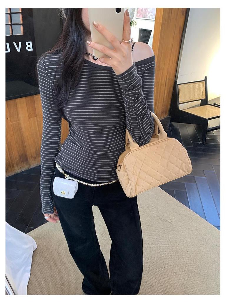 Chic Spicy Girl Striped One-Shoulder Slim Long-Sleeve Top – Women's Autumn/Winter Korean Style