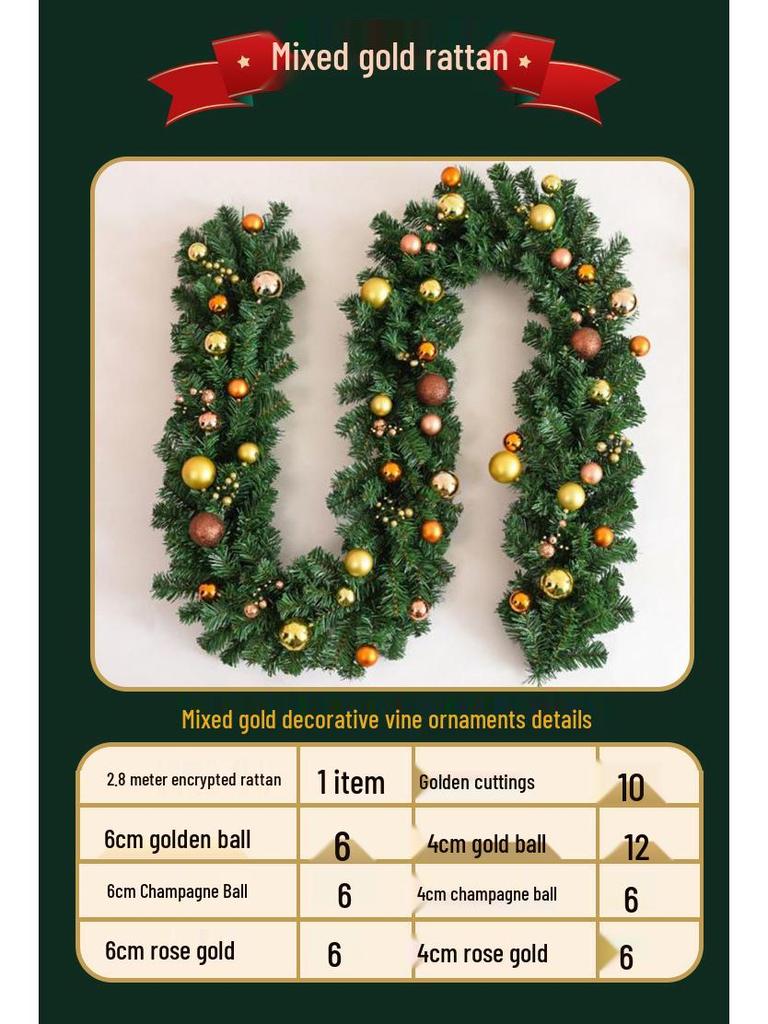 2.8m Encrypted Rattan Christmas Garland with Lights for Shopping Mall Escalator Decoration