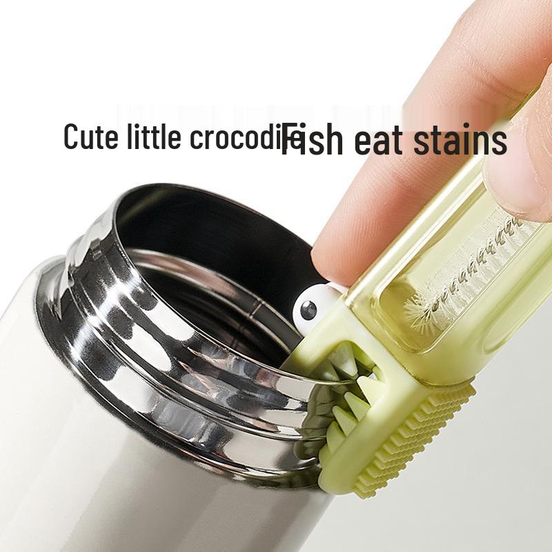 Compact Multi-Functional Cleaning Brush Set: Crocodile Cup Lid, Groove, Baby Bottle, Nipple, and U-Shaped Mouth Brushes with Rotatable Feature.