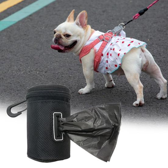 Distributeur de sacs à déjections canines Fermeture éclair Taille compacte Imperméable Grande capacité Conception avec crochet Facile à transporter Oxford Portable Distributeur de sacs poubelles pour déjections canines
