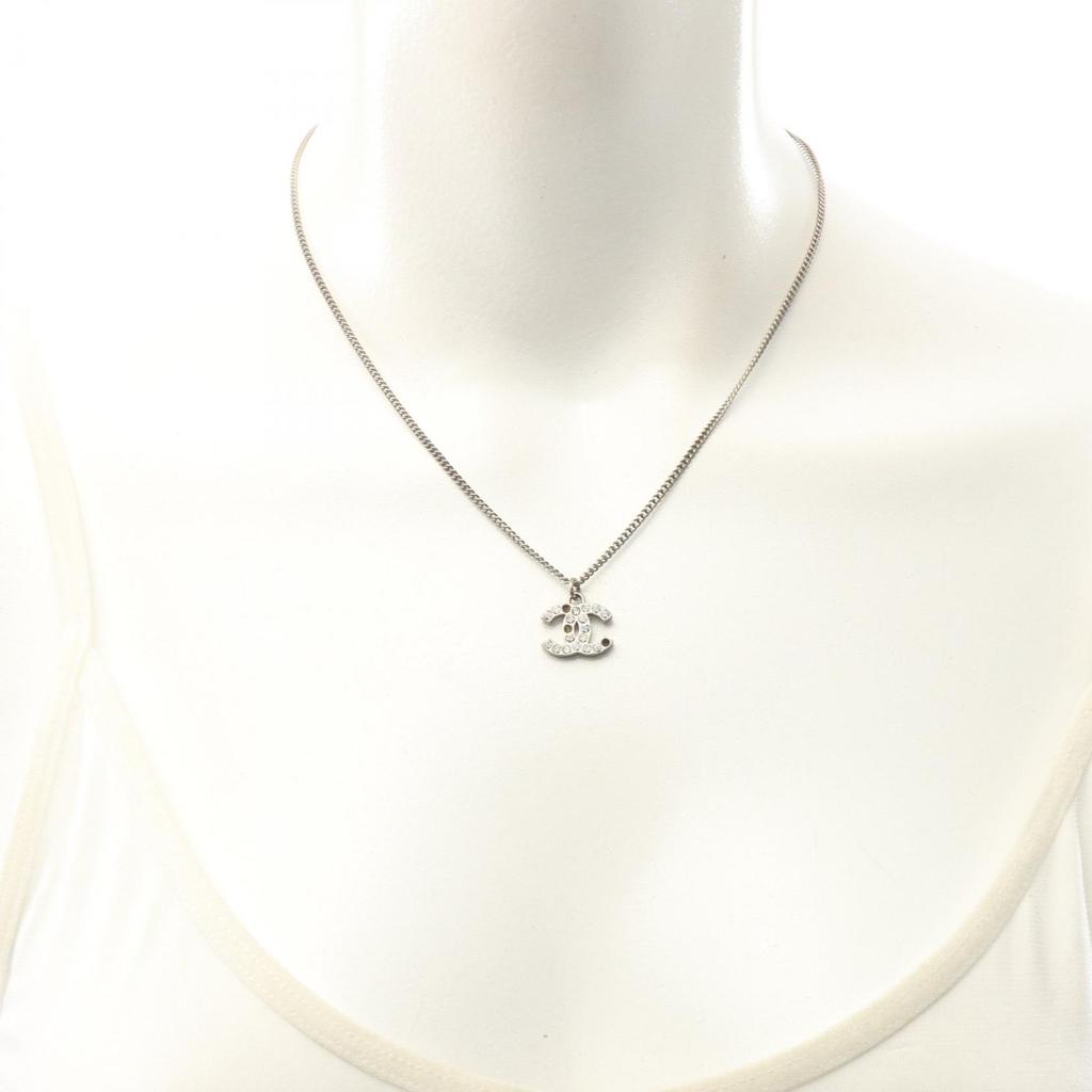 Used CHANEL COCO Mark F13V Necklace Stainless Steel Rhinestone Silver Clear Used