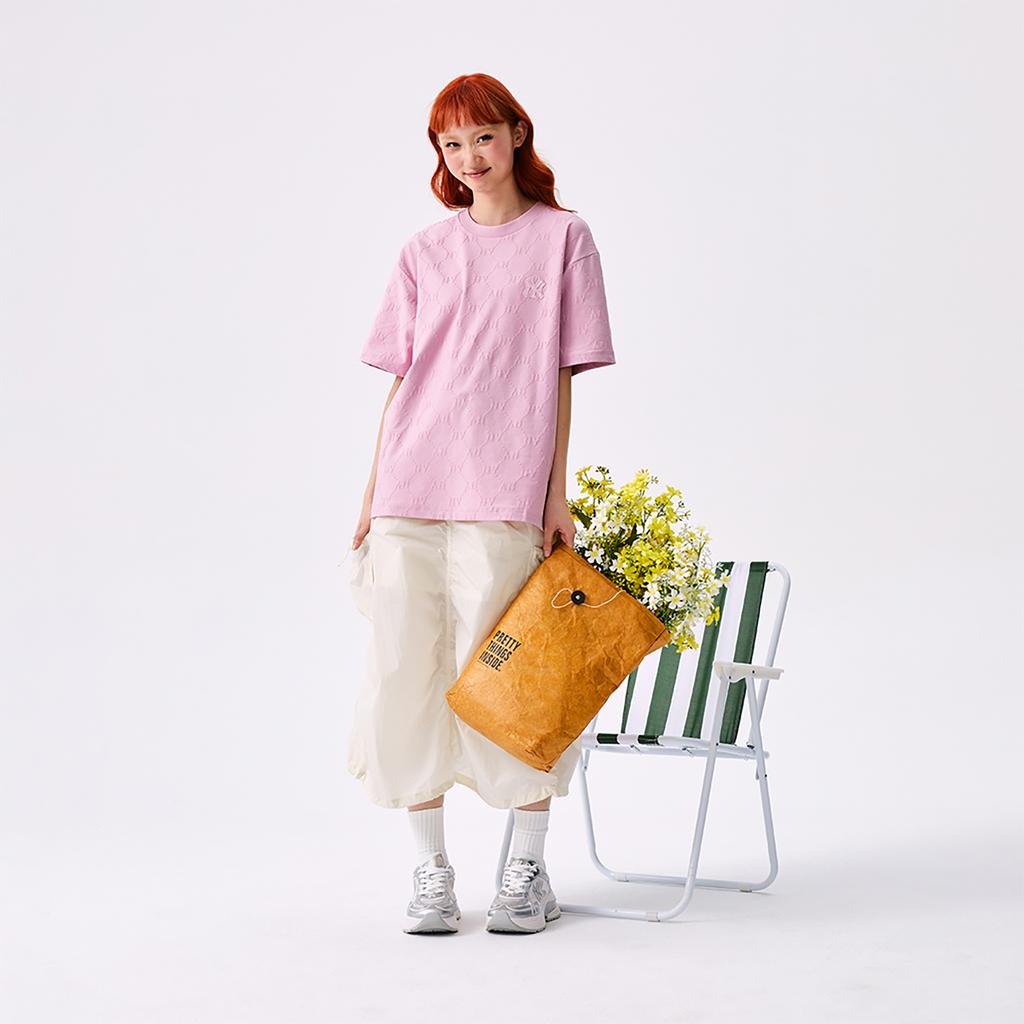 New MLB MONOGRAM Collection New York Yankees SS25 T Shirt Unisex Heather Gray Pink 3ATSM1353-50PKM