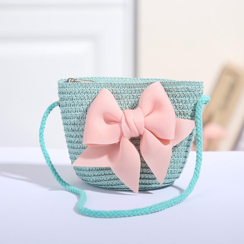 Cute Bow Decor Baby Girls Straw Shoulder Bag Eco-friendly Handmade Woven Crossbody Bag for Kids Party School Trip