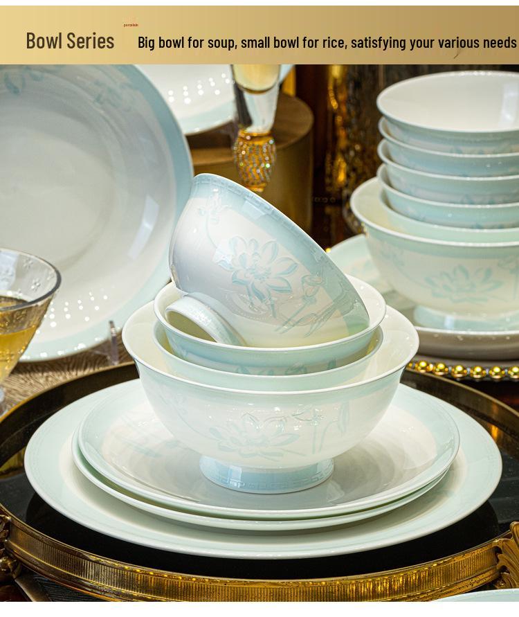 Tangshan Bone China Tableware Set: Underglaze Rice Bowls, Plates, Noodle & Soup Bowls, Chopsticks Combination.