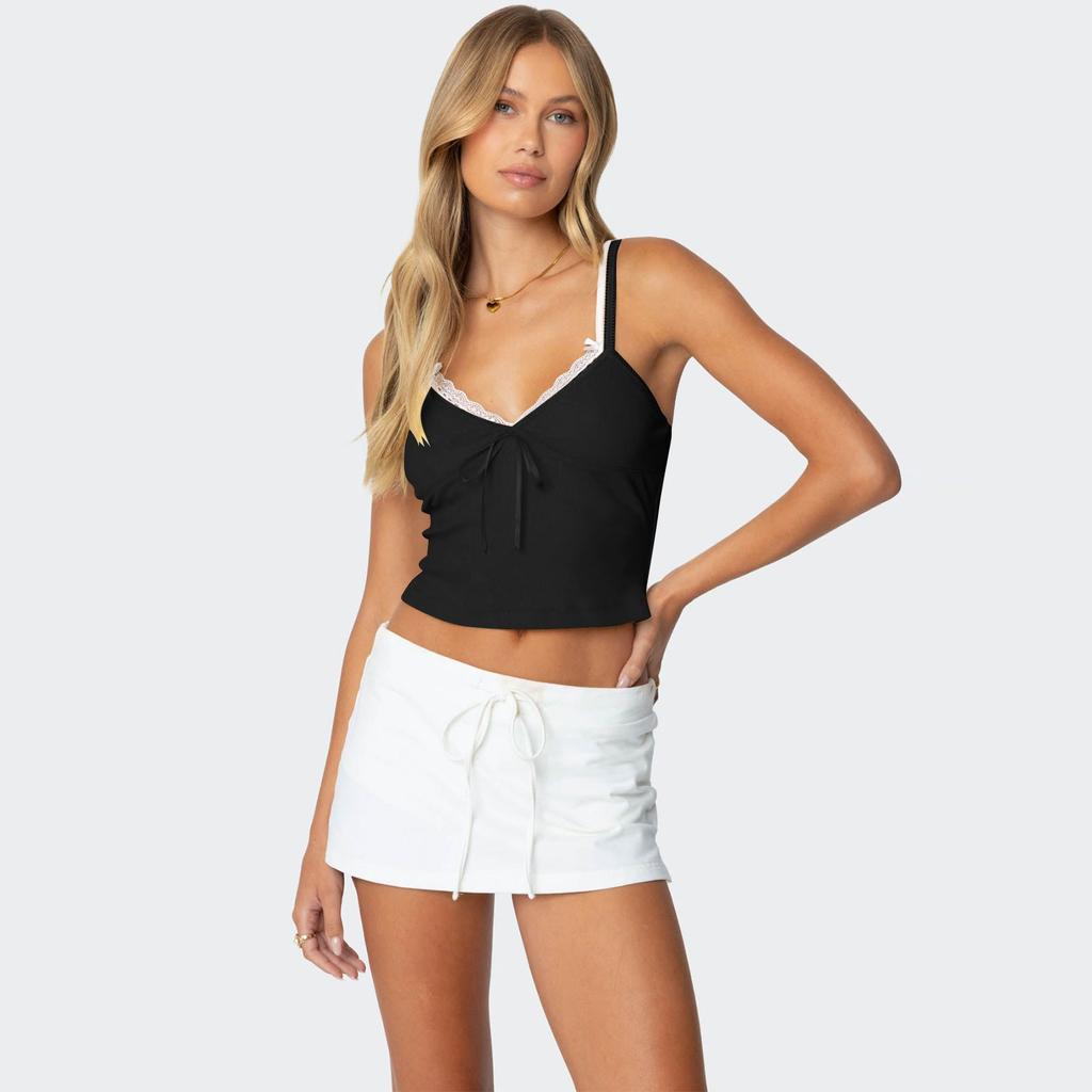 Women's Fashion Casual Summer Sexy Solid Color Lace Stitching Low Cut Camisole Top