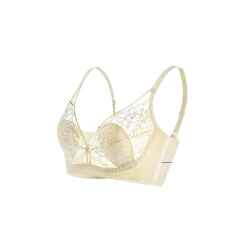 Light Yellow Lace Wireless Bra with Floral Pattern and Adjustable Straps