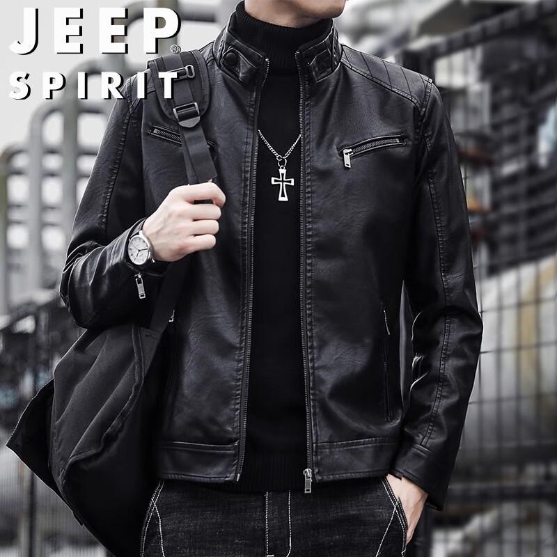 JEEP SPIRIT Men's Slim-Fit Stand Collar Motorcycle Jacket