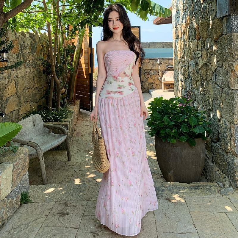 

Coffee Break French Gentle Temperament Pink Floral Tube Top Dress Beautiful Unique Waist Beautiful Summer Skirt L