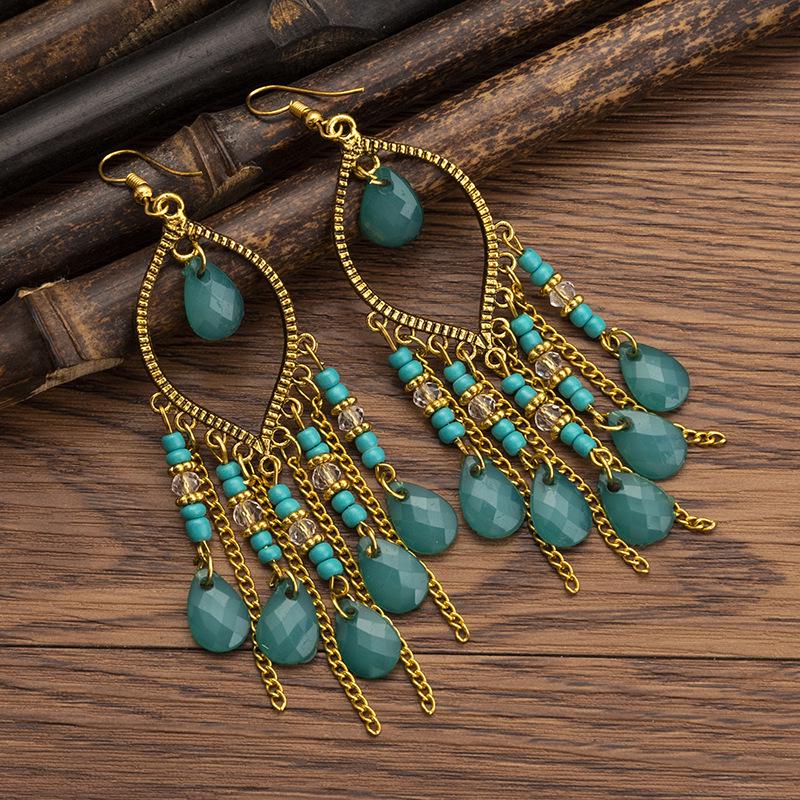 Bohemian Cross-Border Handmade Water Drop Rice Bead Tassel Earrings for Travel Photography