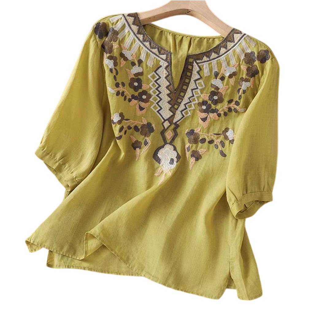 Women's Vintage Inspired Relaxed Fit Embroidered Cotton Linen Blend V-Neck Blouse With Mid Length Sleeves