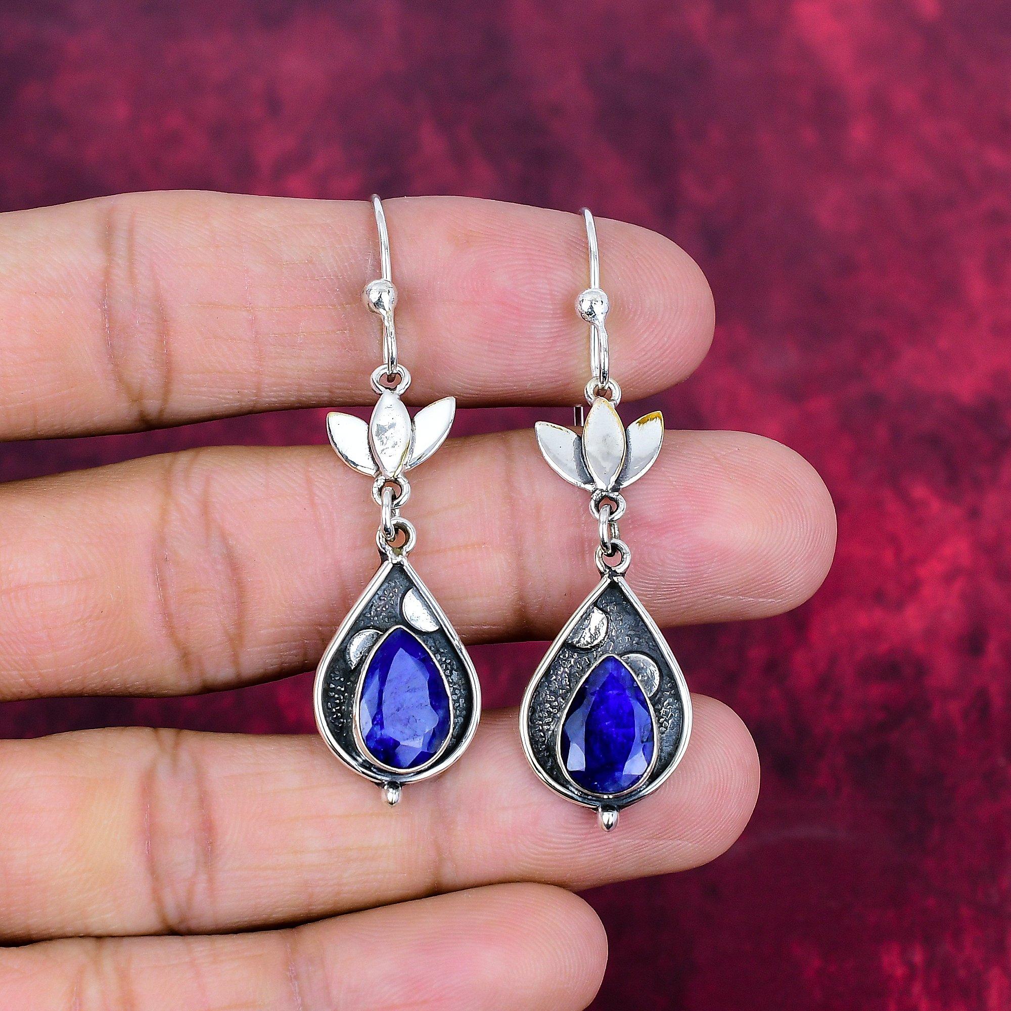 

Сережки з блакитним сапфіром, сережки ручної роботи з дорогоцінним камінням, сережки з твердого срібла 925 проби, антикварні прикраси, для подарунка на заручини 1.96 Inches