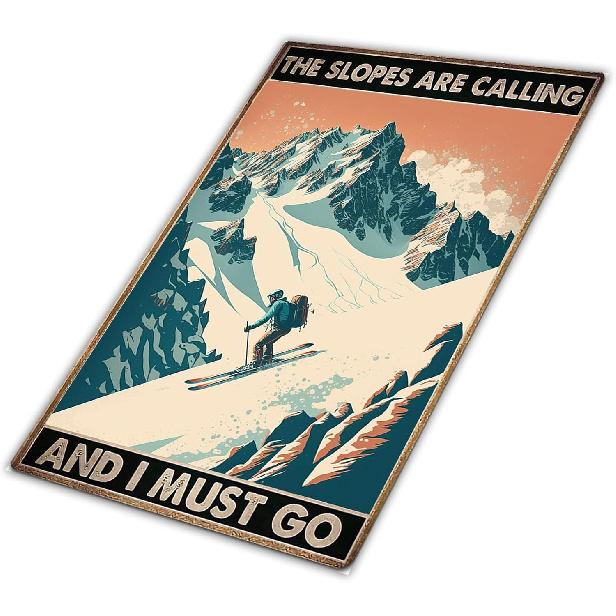 Metal Wall Art, Ski Sign, Tin Sign, 12x8 Inch, Metallic, Rustic, Retro, Home, Office, Sports Themed Spaces, Retro Decor
