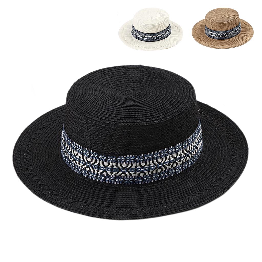 Sun Hat Sun Visor Hats Summer Hat Wide Brim Straw Boater Retro Pattern Outdoor Cap Flat Top Hat