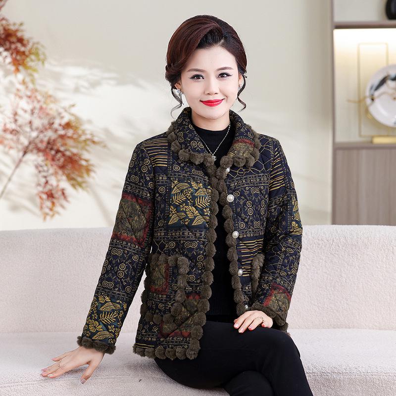 Stylish Floral Plush-Lined Cotton Jacket for Mid-Aged and Elderly Women - Warm, Loose Fit with Lapel