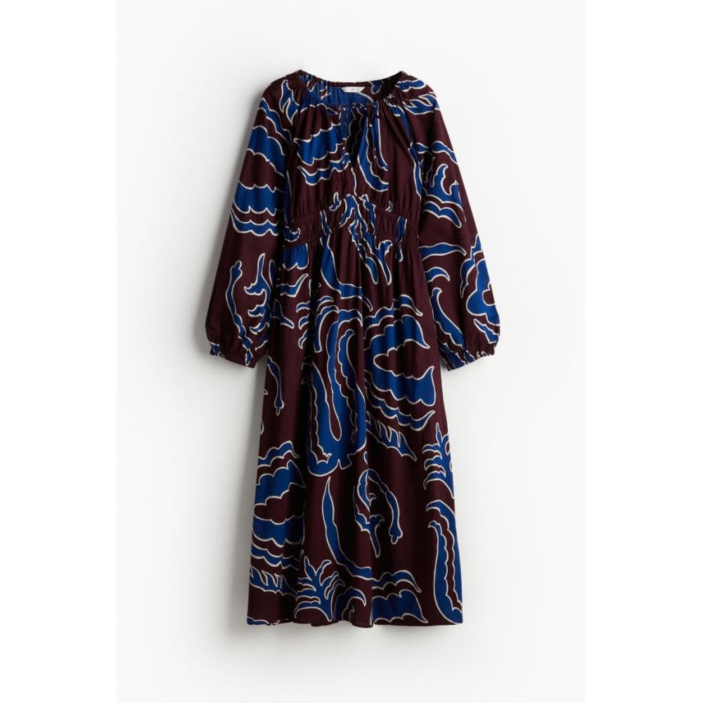 

Хлопковое платье HM с объемными рукавами бордового цвета с узором