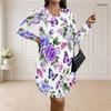 Women Plus Size V Neck Long Sleeve Floral Printed White Loose Curved Hem Dress