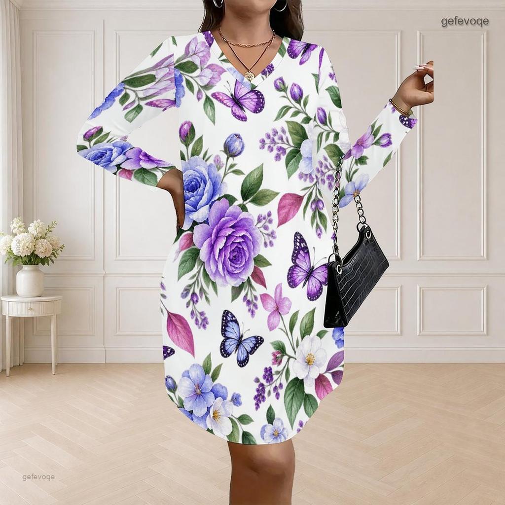 Women Plus Size V Neck Long Sleeve Floral Printed White Loose Curved Hem Dress