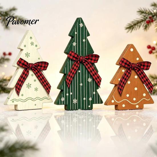 Vintage Country Style Home Accents 3Pcs Wooden Christmas Tree Ornaments with Plaid and Hemp Rope Bow, Rustic Farmhouse Small Figurines Polka Dot Xmas