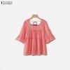 ZANZEA Women Casual Square Collar Plaid Print Loose 3/4 Sleeve Blouse