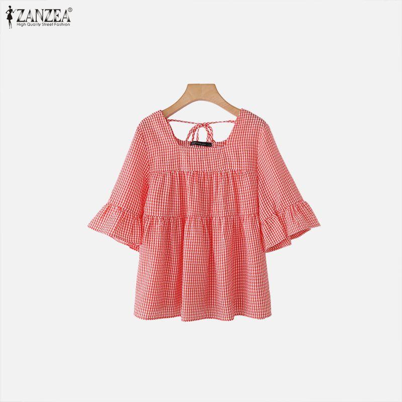 ZANZEA Women Casual Square Collar Plaid Print Loose 3/4 Sleeve Blouse