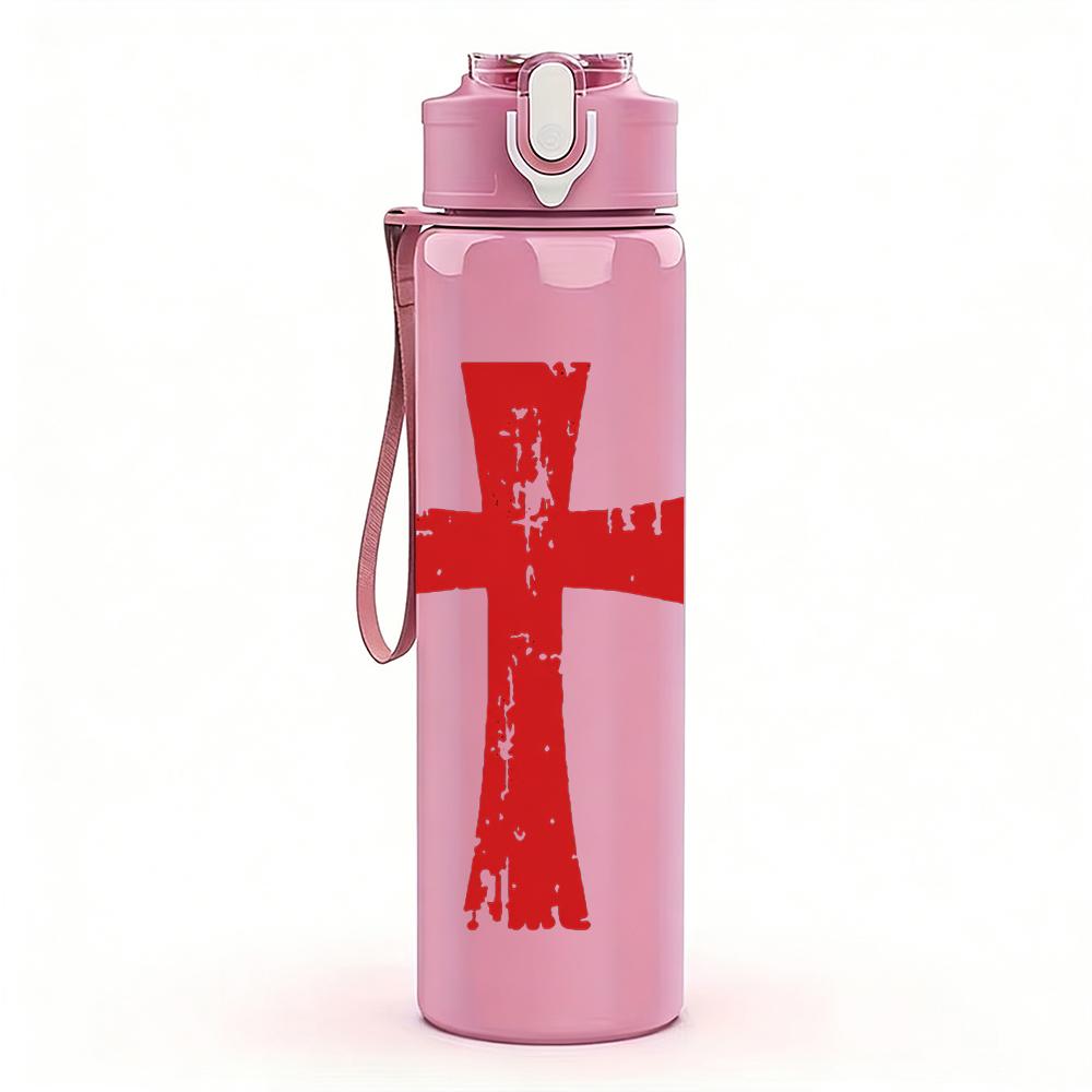 1PC Red Wooden Cross Minimalist Vintage Print 750ml Portable Sports Water Bottle Leakproof Gym Outdoor Travel Drink Cup