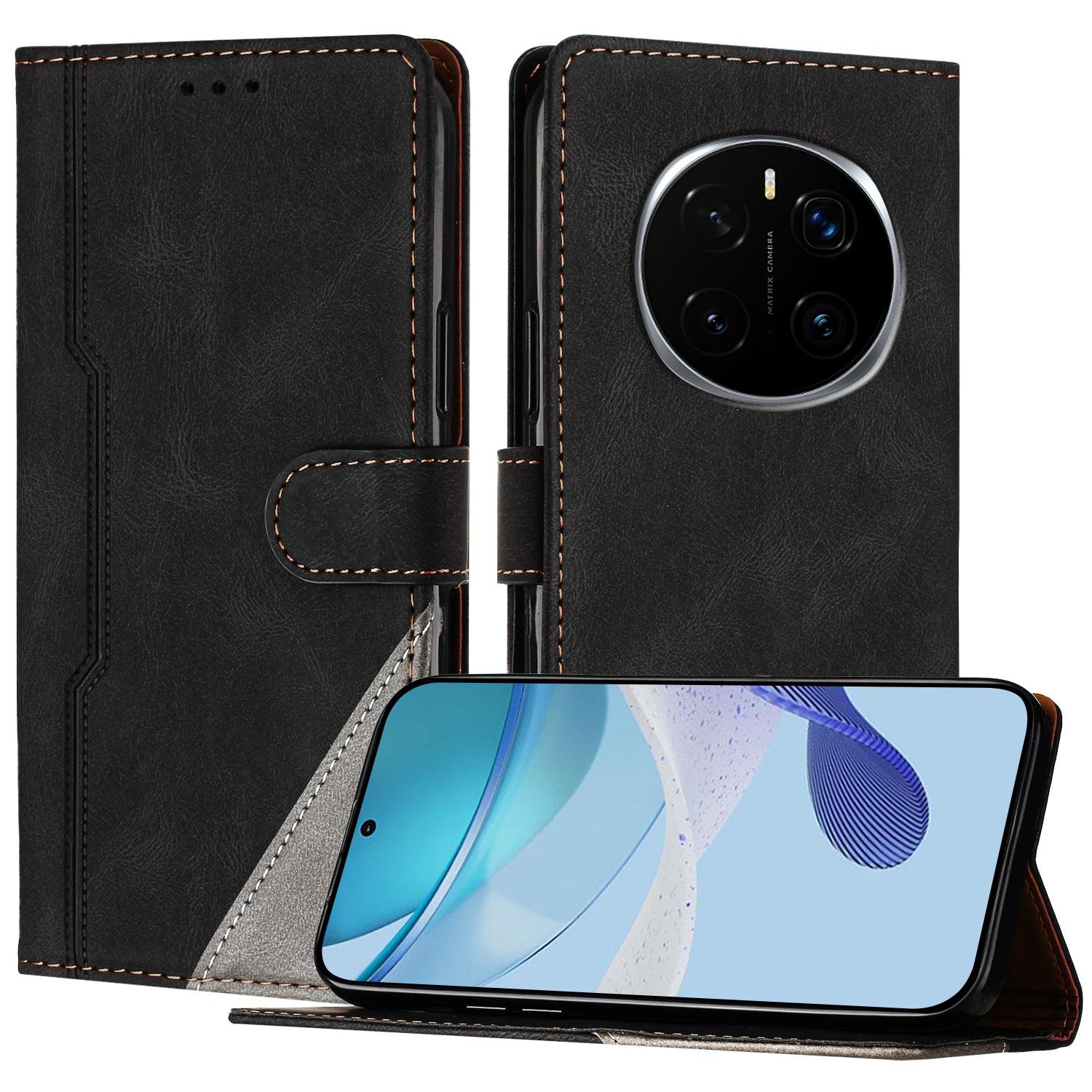 

For Honor Magic7 Pro 5G Leather Case Triangle Patchwork Wallet Stand Shockproof Phone Cover Black