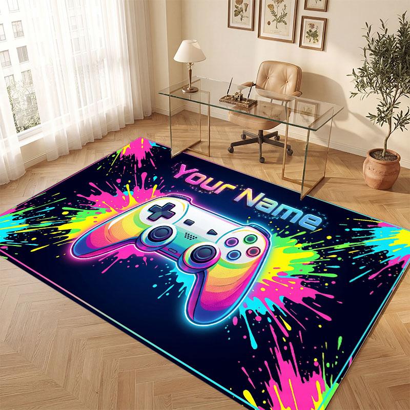 Game Controller Theme Crystal Velvet Floor Rug Personalized Custom Name Text Warm Carpet Home Decoration
