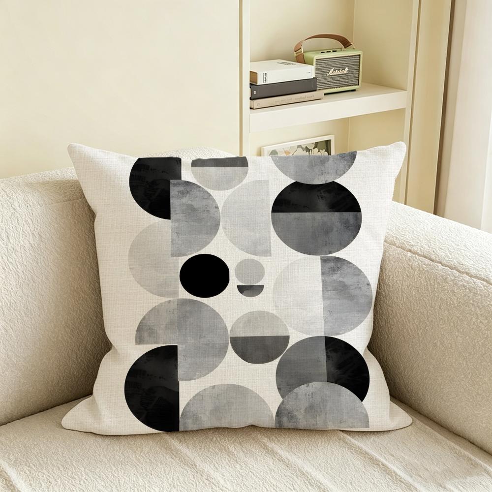 G-Gray White Geometric Pattern Cushion Cover Natural Linen Pillowcase Set, All-In-One Decor For Sofa, Bedroom & Chair