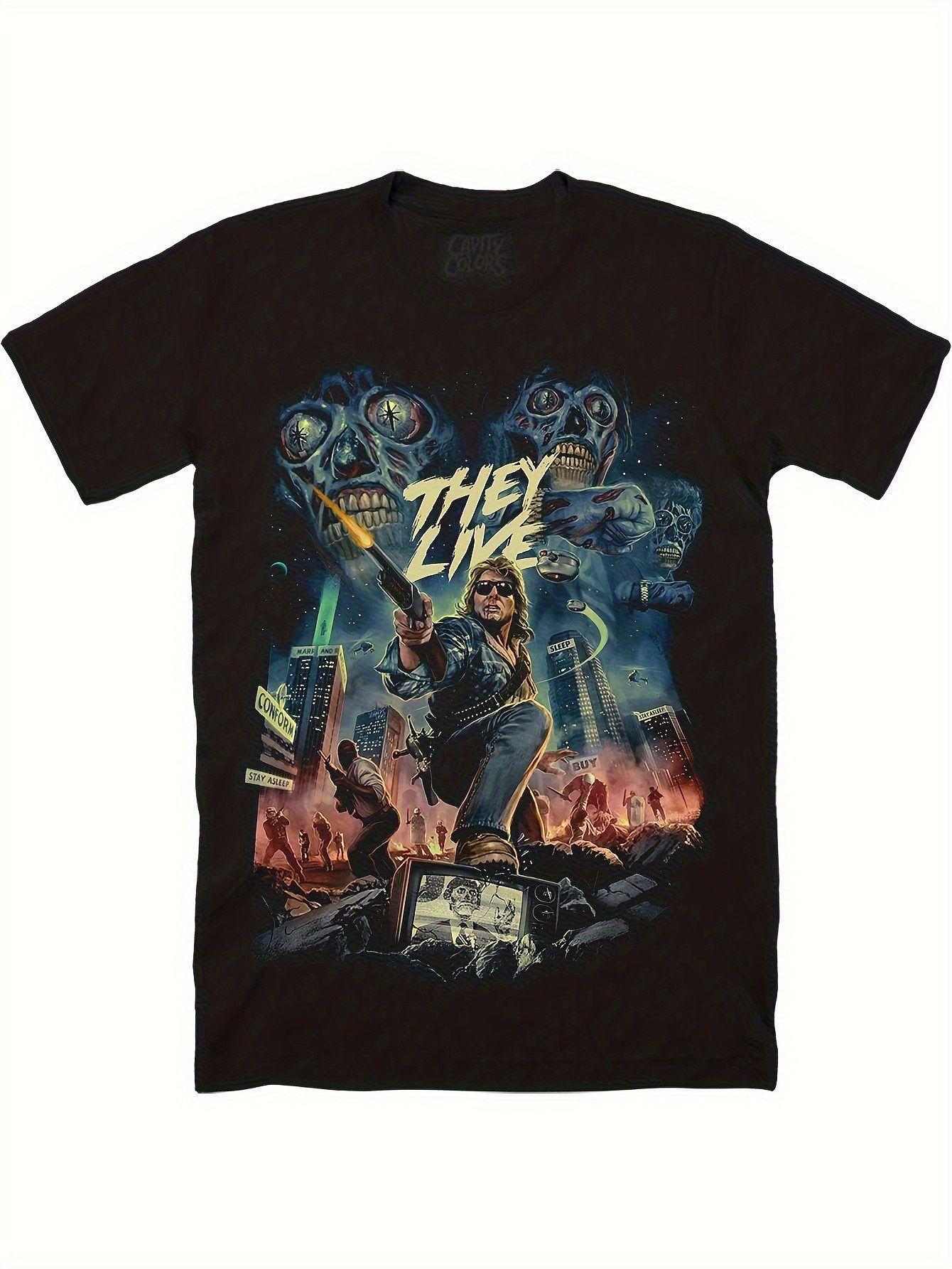 

Their Existence Movie Print T-Shirt, Featuring Roddy Piper and Alien Art Patterns. Trendy T-shirt for Casual Streetwear. - ... S разноцветный