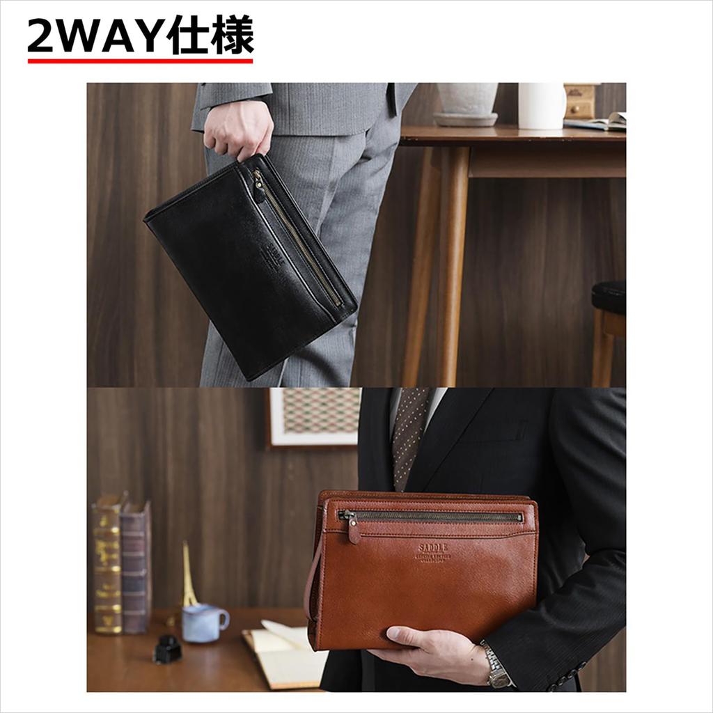 Cowhide leather clutch bag, fits A5 files, 370g, perfect for commuting, travel, and special occasions. Made in Japan in Toyooka. Includes two