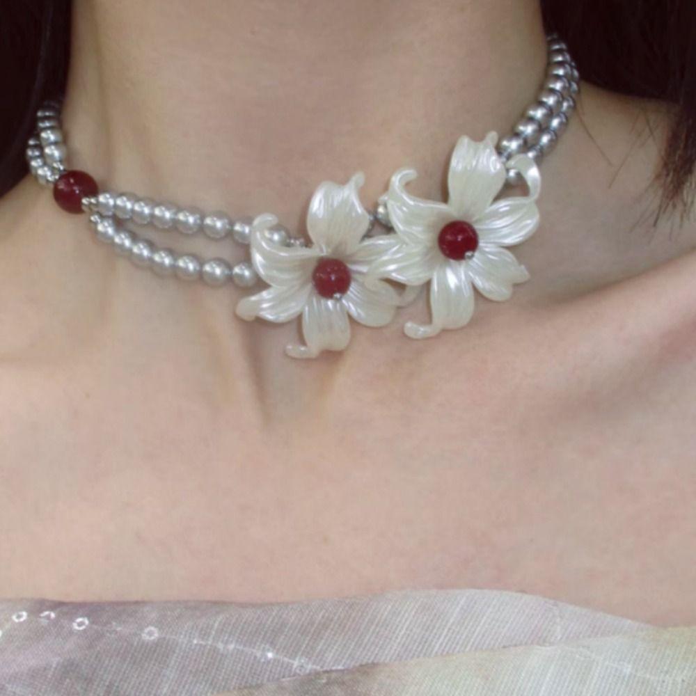 Elegant Pearl Beaded Necklace Vintage Sweet Choker French Style Iris Flower Necklace  Beach
