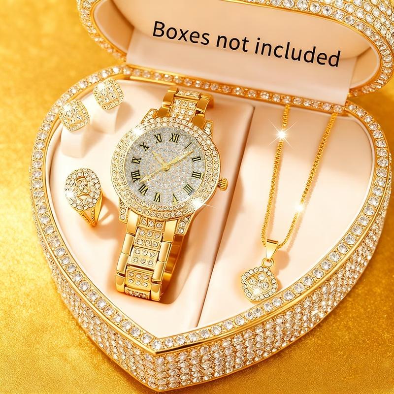 5Pcs Ladies Watch Set, Stylish Casual Ladies Quartz Watch And Necklace Ring Earrings Jewelry Set