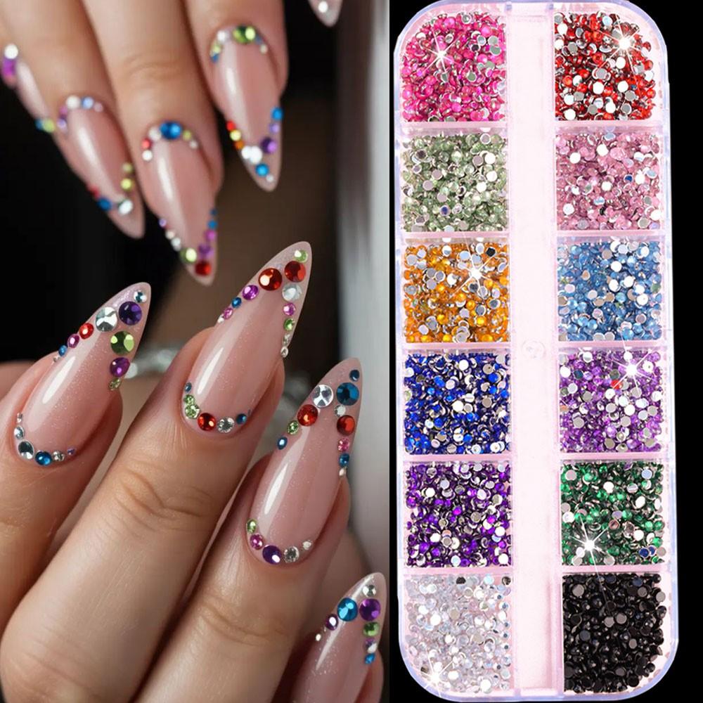 12Grids 3D Colorful 2mm Round Nail Diamond Gems 12colors Glitter Crystal Nail Rhinestones Flatback Resin Luxury Nail Decoration
