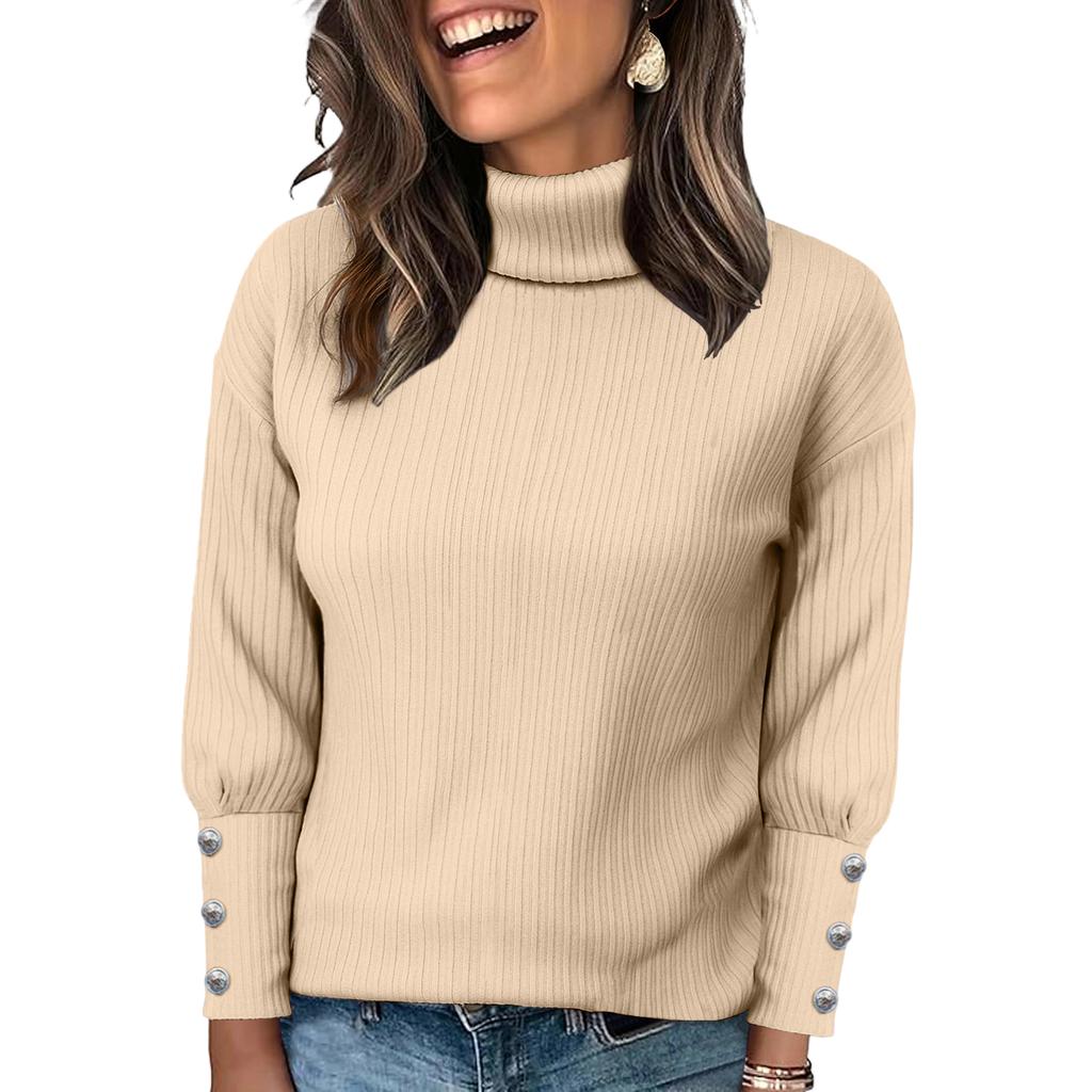 Women's Knitted Solid Color Long Sleeved High Neck Pullover Top