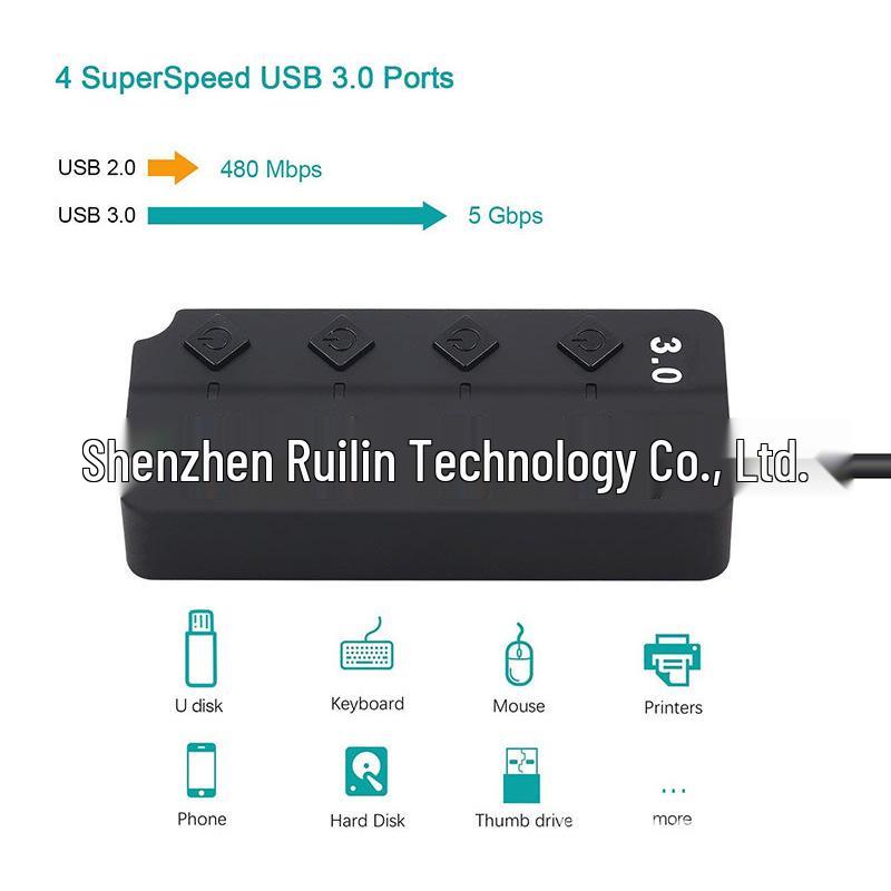Rhombus 4-Port USB 3.0 Hub with Switch – One-to-Four Desktop Splitter Dock