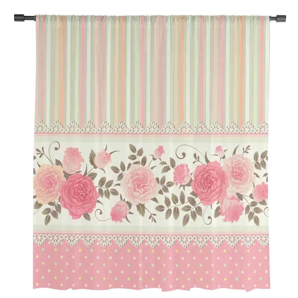 Chiffon-Vorhänge mit Rosenblüten und rosa Streifen für Wohnzimmer, Schlafzimmer, Heimdekoration, Fenster, Voiles, Tüllvorhänge