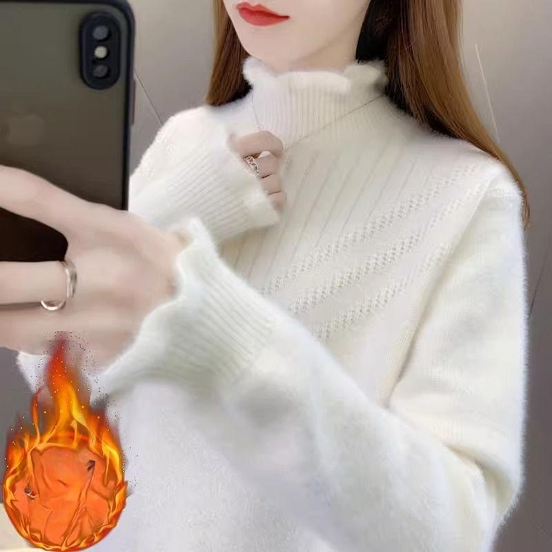 Damenmode Spitze Nerzpullover Winter Dick Warm Rollkragen Locker Gestrickte Oberteile