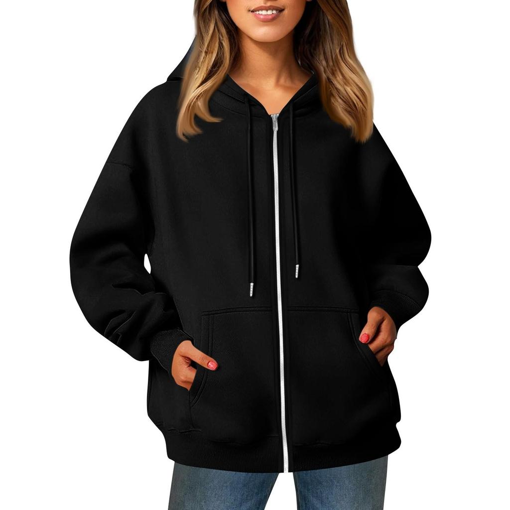 Damen Casual Fashion Solid Color Langarm Tasche Reißverschluss Kapuze Kordelzug Sweatshirt Jacke