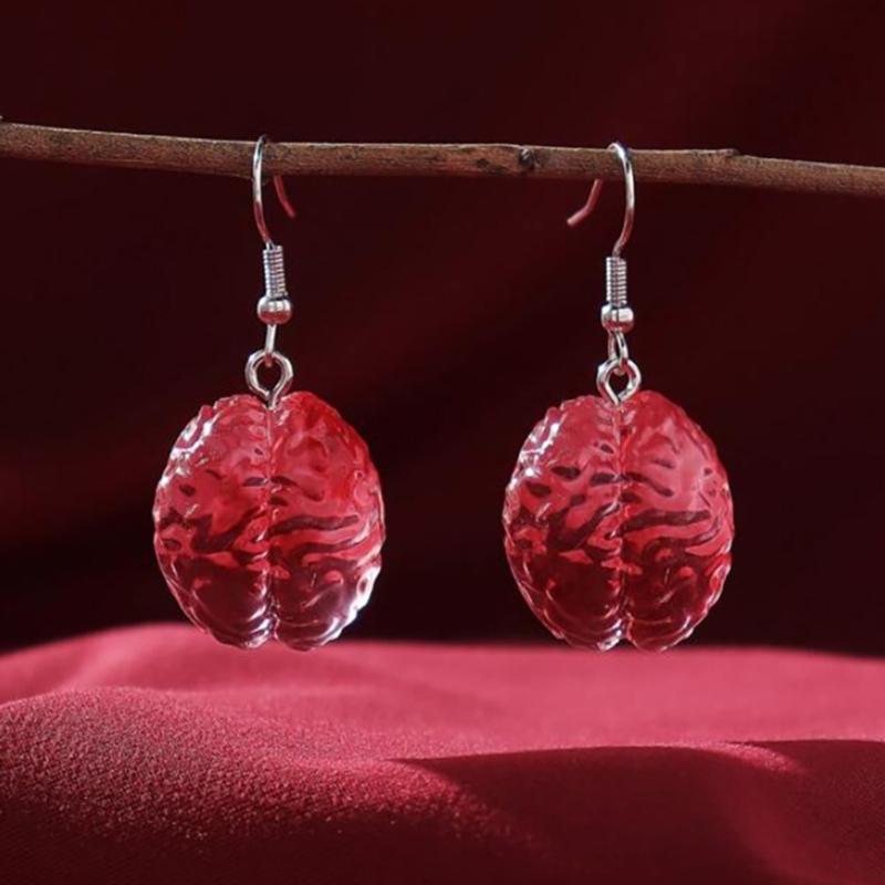 Funny Red Brain Pendant Necklace/Earings/Ring for Halloween Party Unique Heart Neckchain/Ear Drops Stylish Accessory